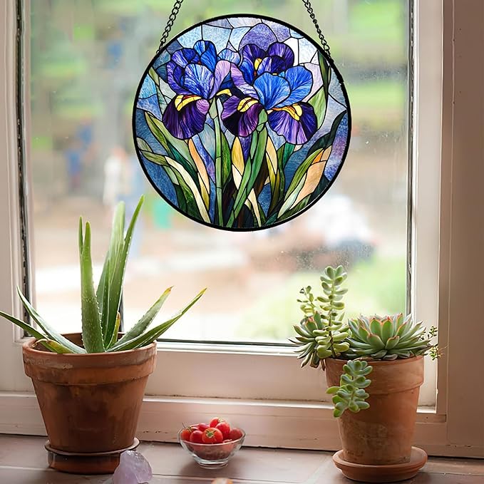 CRISGIF Stained Glass Window Hanging - Blue Purple Iris Flower Suncatcher for Door Garden Patio Sun Catchers Decor Christmas Mother's Day Birthday Gifts for Women Men Mom Nana Aunt Friend 6.3 in