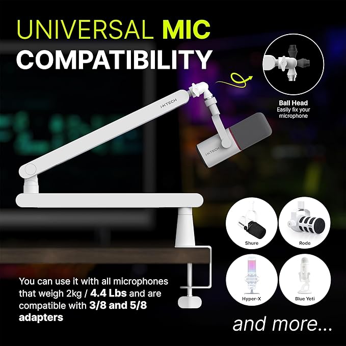 IXTECH White Microphone Boom Arm Stand Low Profile Boom Arm Adjustable Mic Stand with Built In Cable Management 360° Swivel Mic Arm.