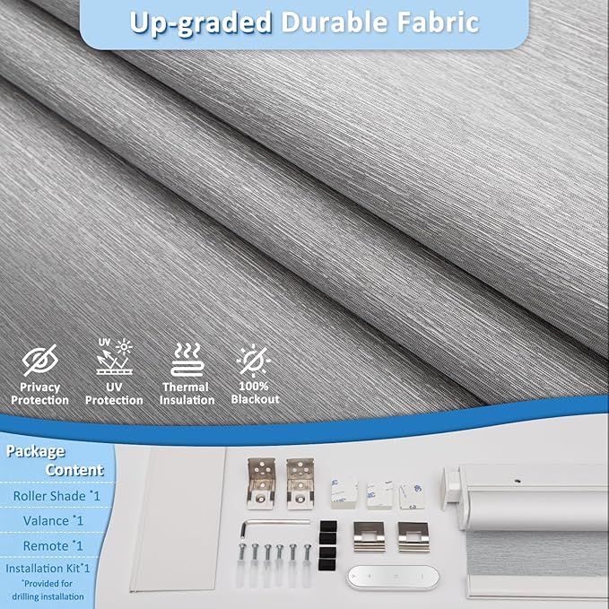 MANSNIX Smart Motorized Blinds with Remote, Cordless No-Drill Automatic Roller Shades, Blackout Electric Blind for Windows, Grey, 29 x 72