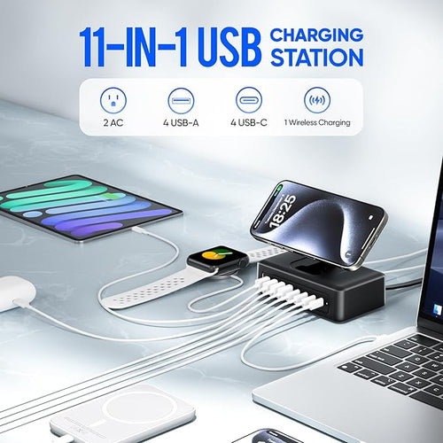 11-in-1 Charging Station USB-C Power Strip, 200W USB C Charger Block, 2AC Outlets 8USB Ports(4USB-C) Surge Protector, 5FT Flat Plug Extension Cord, PD65W Desktop Fast Charging for Home Office, Black