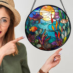 AMDERVEN Stained Glass Window Hanging - Blue Ocean World Small Fish Coral Sun Catcher for Door Garden Home Decor Sea Suncatcher Christmas Mother's Day Birthday Gifts for Women Men Mom Nana 11.8 in