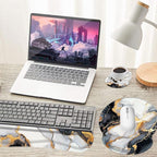 Keyboard Wrist Rest and Mouse Pad Wrist Support Set with Coasters,Non-Slip PU Base Ergonomic Gaming Mousepad for Home Office Working Studying Easy Typing & Pain Relief,Black Gold Marble