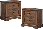 T4TREAM 24" Farmhouse Nightstand with Charging Station Set of 2, Large End Table with 2 Storage Drawers, Rustic Wood Sofa Bedside Table for Bedroom, Reclaimed Barnwood Color