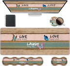 Ergonomic Keyboard Wrist Rest & Mouse Pad Wrist Rest Set, Large XXL Gaming Desk Mat 31.5"x 11.8" with Memory Foam, Easy Typing Pain Relief for Office & Home, Vintage Wood Board Live Laugh Love