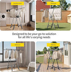 BIREN Clothes Drying Rack Heavy Duty Clothing Racks Foldable Laundry Rack Two Drying Modes Garment Racks for Drying Clothes, Adjustable Length from 32-55 Inches for Indoor Outdoor Use