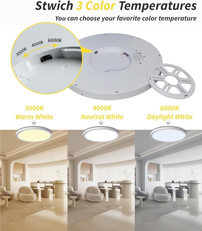 6pack 12 Inch Flush Mount Ceiling Light, 24w Led Ceiling Light, 3000k/4000k/6000k Selectable 2520lm Ceiling Lights, Super Slim Led Light Fixture For Bedroom Kitchen Living Dining Room Office (White)