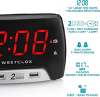 Westclox Large 1.4” Red LED Digital FM Clock Radio with Dual USB A & C Charging Ports, Adjustable Brightness, Dual Alarms & Sleep Timer – Modern Alarm Clock for Bedroom, Home, or Office (Black)