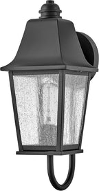 Hinkley Kingston Single Light Wall Mount Outdoor Lantern - Oversized Sweeping Roof & Bottom Arm, Aluminum, Clear Seedy Glass - Black Finish