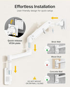 monTEK Monitor Wall Mount for 17-57“ up to 59.4 lbs Ultrawide Screens, Single Heavy-Duty Aluminum Gas Spring Monitor Arm with Full Motion Adjustment, VESA 75x75/100x100 Compatible, White