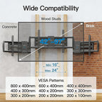 PERLESMITH Full Motion TV Wall Mount for 42”-97” TVs up to 165lbs, TV Mount Bracket with Dual Articulating Arms Swivel Tilt Extension, Max VESA 800x400mm, Fits 16”18” to 24" Studs, PSXFK1