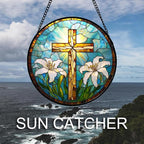 DASTOLL Christian Gifts for Women - Cross Stained Glass Window Hanging Jesus Easter White Lily Flower Sun Catcher Garden Religion Decor Mother's Day Catholic Gift for Men Grandma Mom Her Nana 6.3"