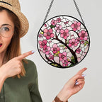 CRISGIF Stained Glass Window Hanging - Cherry Blossoms Birth Flower Suncatcher for Door Garden Patio Sun Catchers Decor Christmas Mother's Day Birthday Gifts for Women Mom Nana Friend Wife 11.8 in