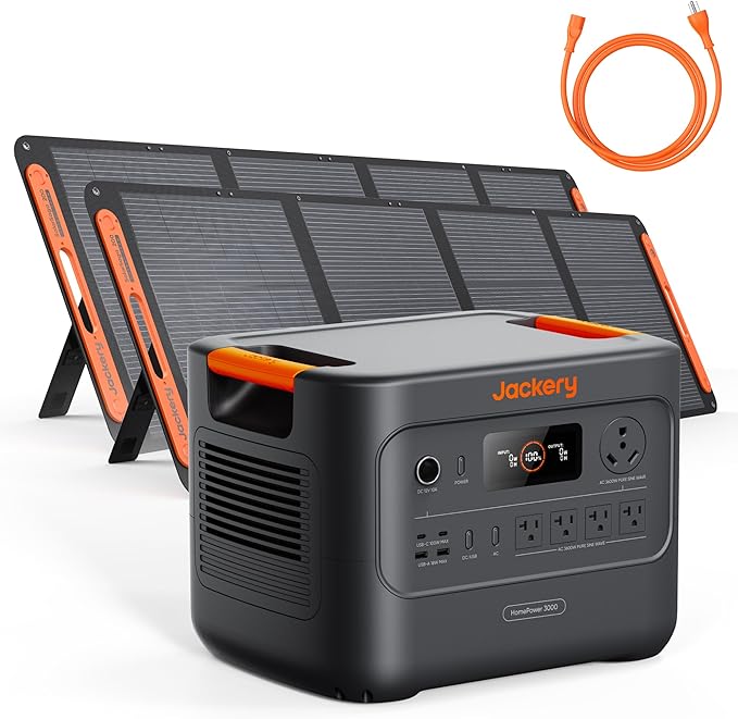 Jackery HomePower 3000 Portable Power Station with AC Cable and 2X 200W Solar Panels, 3600W (Surge 7200W) Output, 3072Wh LFP Solar Generator, Essential Backup for Home Use, Power Outage, Emergencies