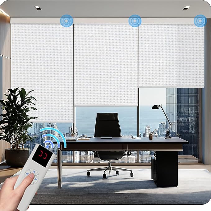 COOLWINDS Motorized Blinds with Remote Cordless Automatic Motorized Shades Custom Blinds for Windows Smart Curtains Compatible with Alexa Google Home(3% Solar White,W33 x H72in)