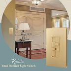 TOPGREENER Elite Series Kalide Dual Load Dimmer Light Switch, Double LED Dimmer Switch, Full Range Dimming, Single Pole, 120VAC, 60Hz, 200W LED/CFL, Neutral Wire Not Required, TGDDS-GD, Gold