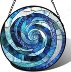 CRISGIF Stained Glass Window Hanging - Blue Abstract Swirl Suncatcher for Doors Garden Patio Unique Sun Catchers Decor Christmas Mother's Day Birthday Gifts for Women Men Mom Nana Friend 15 in