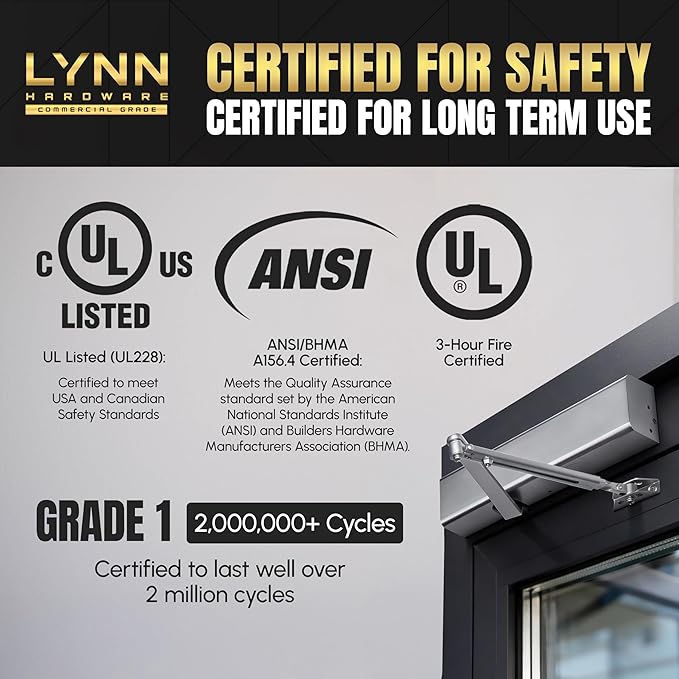 LYNN HARDWARE Heavy Duty Automatic Door Closer (Silver) - Commercial Grade, Contractors Choice, Adjustable Speed & Force, Delayed Closing Timer, 3 Mounting Options, 3 Hour Fire Rated (DC8016 Model)