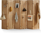 Asnefeli Pegboard Display Room Divider with 24 Hooks, 6 Panel 5.6Ft Wood Room Divider Folding Privacy Screen, Portable Freestanding Wall Organizer for Retail Craft Art Display Board, Natural