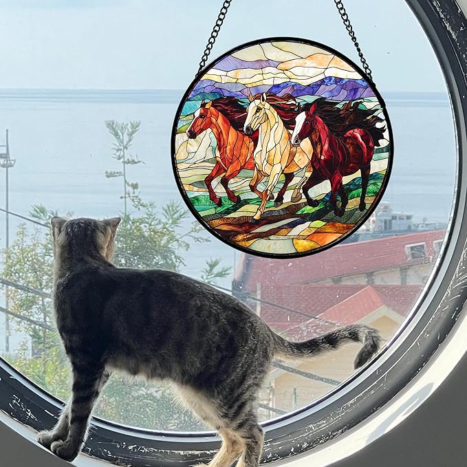 DASTOLL Stained Glass Window Hanging, Colorful Landscape Running Horse Suncatcher for Doors Window Home Sun Catchers Decoration Mother's Day Birthday Gifts for Women, Men, and Mom 9.8x9.8 in