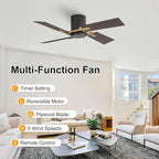 WINGBO 48 Inch Flush Mount Ceiling Fan without Light - 4 Plywood Blades, 6-Speed Reversible DC Motor, Noiseless Low Profile Ceiling Fan No Light for Bedroom Living Room, Gold and Black/Walnut