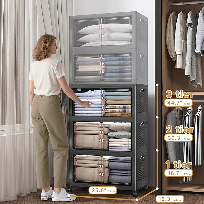 Extra Large Stackable Storage Bins with Lids & Wheels, 165QT-55QT/14GAL*3Pack Foldable Collapsible Closet Organizers Dark Storage Cabinet with Doors for Bedroom Dorm