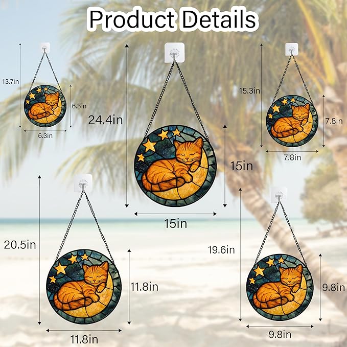AMDERVEN Stained Glass Window Hanging - Orange Cat Sun Catcher for Door Home Decor Stars and Moon Suncatcher Christmas Mother's Day Birthday Loss of a Pet Gifts for Women Men Mom Nana 7.8 in