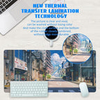 Desk Mat, Anime Summer Street Scenery Extended Gaming Mouse Pad Large, 35.4"x15.7" Big Mouse Pad with Non-Slip Base and Stitched Edge, Long Computer Keyboard Mouse Mat for Home Office Work