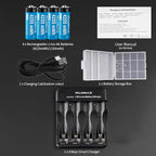 PUJIMAX Rechargeable AA Batteries Lithium with Charger,High Capacity 4255 mWh 1.5v Rechargeable Li-ion Double A Batteries for Blink Camera Smart Doorbell Smart Lock 4pack