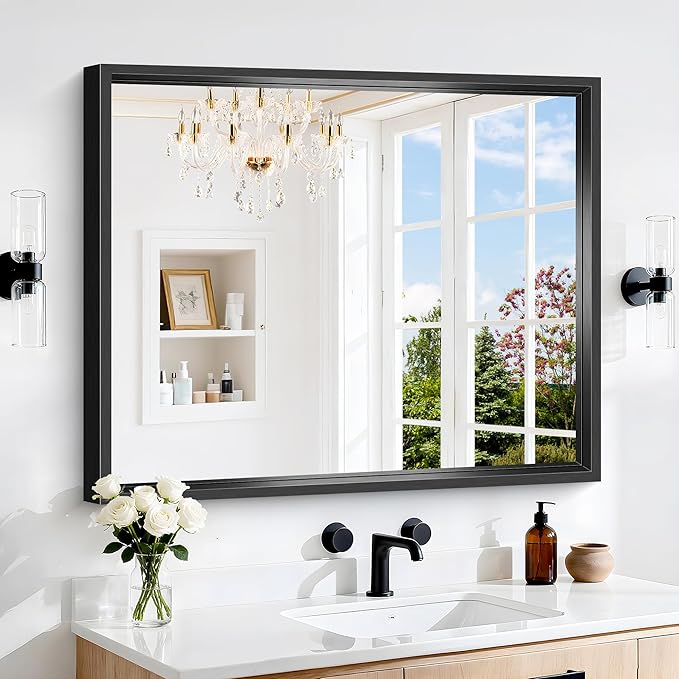 Black Bathroom Mirror, 36 x 30 Inch Brushed Black Rectangle Mirrors for Wall, 0.6" Thickened Deep Frame Mirrors for Over Sinks, Shatterproof Tempered Glass, Antirust, Horizontally or Vertically