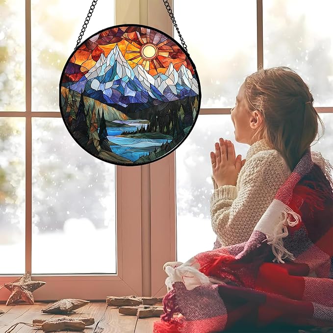 AMDERVEN Stained Glass Window Hanging - Colorful Mountain Lake Landscape Sun Catcher for Door Garden Home Decor Suncatcher Christmas Mother's Day Birthday Gifts for Women Men Mom Nana 7.8 in