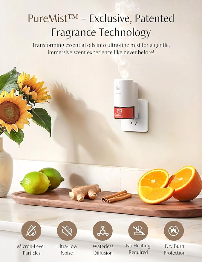 SF101 Pro Plug In Air Freshener, Waterless Essential Oil Diffuser, Non-Toxic Aroma Diffuser, Adjustable 120-Day Natural Scent Mist, Covers 1000 Sq Ft- Free 30ml Citrus Grove & Spiced Lotus