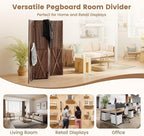 ALeesing 4 Panel Pegboard Wood Room Divider, 5.6Ft Pegboard Display Folding Privacy Screens, Peg Board Display Freestanding for Trade Show Craft Show Home Wall Organizer, Retro Brown