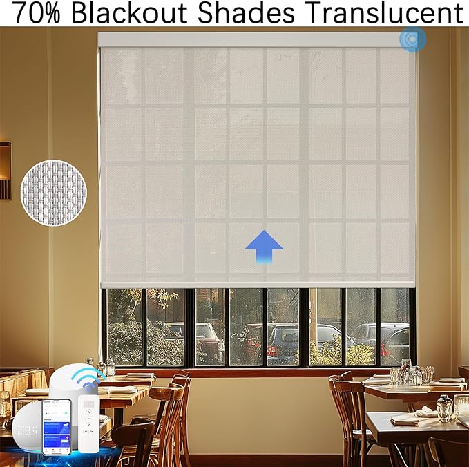COOLWINDS Motorized Blinds with Remote Cordless Automatic Motorized Solar Shades Custom Light Filtering Blinds for Windows Smart Curtains Compatible with Alexa Google Home(Solar,Beige)