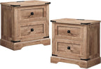 T4TREAM 24" Farmhouse Nightstand with Charging Station Set of 2, Large End Table with 2 Storage Drawers, Rustic Wood Sofa Bedside Table for Bedroom, Light Knotty Oak
