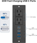 Recessed Power Strip USB C 65W Fast Charging Station,in Drawer Outlet,Furniture Flush Mount for Desktop,Workspace Essential Desk Outlet (Black, 10FT)