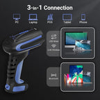 Tera Barcode Scanner Wireless 2D QR with Stand: Pro Version Battery Level Indicator 2500mAh Industrial Grade Bar Code Reader 3-in-1 Works with Bluetooth 2.4G USB Wired 8100 Dark Blue