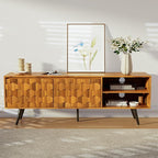 Bme Georgina Solid Wood, 10 Minutes Assembly Entertainment Center with Storage Geometric Pattern Console for Living, Bedroom, Dining Room, TV Stand 65 Inch, Teak Brown