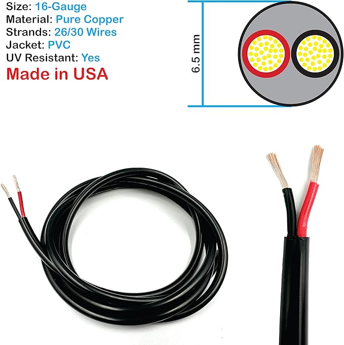 NATIONAL Wire & Cable – 16 AWG 2-Conductor Premium Copper Wire, 500 ft, Stranded | Made in USA, Heavy-Duty Flexible Jacket | LED, Lights, DIY Projects, Low Voltage Wiring, Indoor and Outdoor Use