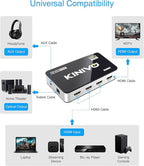 Kinivo HDMI Switch with Audio Extractor 360BNT (3 in one out, Toslink Optical Audio Port, SPDIF, 4K 60Hz, High Speed 18Gbps, IR Remote) - Compatible with Roku, PS5, Xbox, Apple TV, Dolby Digital/Atmos