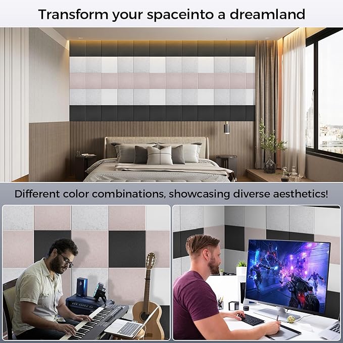 BSHEAD 15 pcs 165dtex Microfiber Acoustic Panels ，Self-Adhesive Soundproof Wall Panels, 12 x 12 x 0.4 in Sound Proof Foam Panels for Walls, High Density, Noise Dampening Panels for Home Studio（Camel）