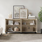 WAMPAT Modern TV Stand with Glass Doors for 32-70 inch TVs, 2 in 1 Entertainment Center Console with Adjustable Shelves for Living Room, Bedroom, Light Oak