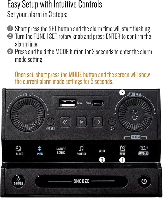 Soundfreaq Sound Rise II, SFQ-16: Bedside Alarm Clock Radio & Bluetooth Speaker, with Large Display Screen, FM Radio, Fast USB Charging, and Nature Sound