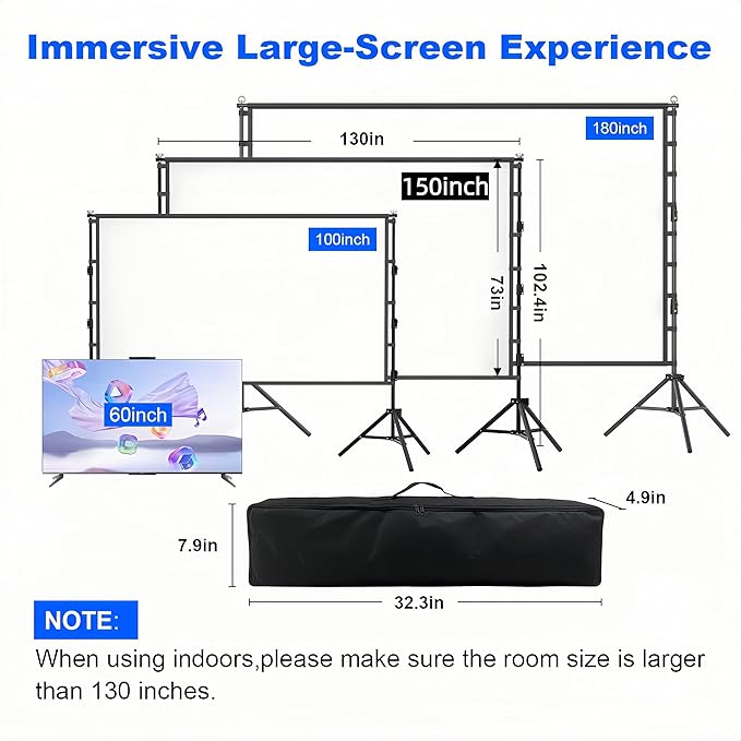 VntB Outdoor Projector Screen with Stand, 150 inch Portable Projection Screen Wrinkle-Free 16:9 4K HD Rear Front Movie Screen with Carry Bag for Indoor Home Theater, Camping and Backyard Entertainment