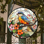DASTOLL Stained Glass Window Hanging, Blue Bird Pink Flower Suncatcher Diamond Glass Panel Bird Sun Catchers Decor for Birthday for Women, Men, Wife, Aunt, and Mom 14.9x14.9 in