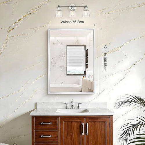 42x30 Silver Bathroom Mirror, Brushed Silver Rectangular Mirror for Wall, 0.6" Thickened Deep Frame Mirrors for Bathroom Sink, Shatterproof Tempered Glass, Antirust, Horizontally or Vertically
