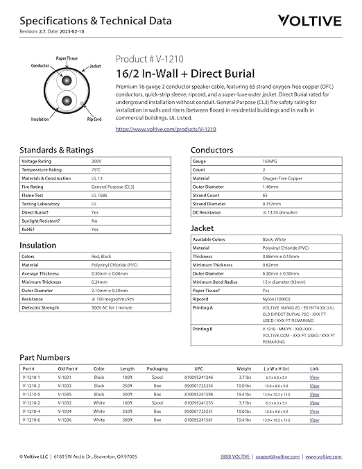 Voltive 16/2 Speaker Wire, in-Wall CL3 & Direct Burial, Black, 100ft - 16AWG, 2 Conductors, Stranded Oxygen-Free Copper, UL Listed - V-1210-1