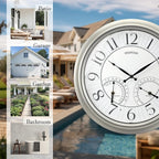 FOUNTAIN DESIGNS 18" Illuminated in/Outdoor Clock with Smart Sensor and Night Light, Waterproof, Large Wall Clock with Thermometer & Hygrometer, for Garden,Pool and Patio Decor (Morning Silver)