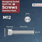 Kozelo 2pcs Socket Head Cap Screws - [M12-1.75 x 70mm] 304 Stainless Steel Allen Socket Drive for Electrical Motor 3D Printing Fan Engine Replacement Use, Silver