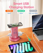 Power Strip Tower, kakyanill Surge Protector Tower 9 AC Outlets 8 USB (4 USB C), 6 Ft Retractable Extension Cord, Charging Station for Office Dorm Room, Pink