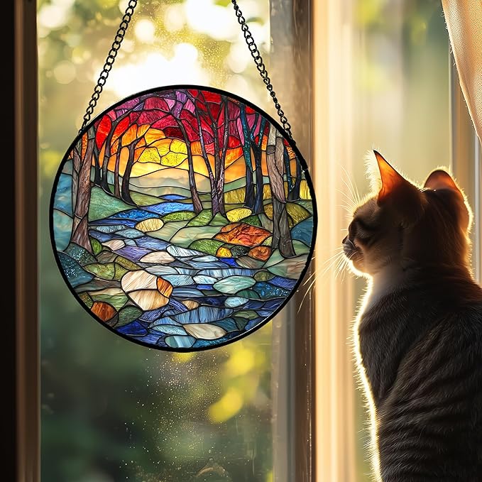 AMDERVEN Stained Glass Window Hanging, Red Tree Abstract Sunset Lake Sun Catcher for Window Home Decor Landscape Suncatcher Mother's Day Birthday Gifts for Women Men Mom and Nana 11.8 in
